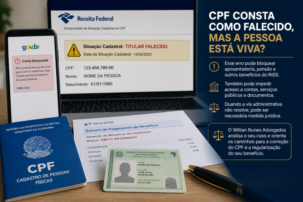 Pessoa viva com CPF constando como falecido + aposentadoriabenefício do INSS bloqueado