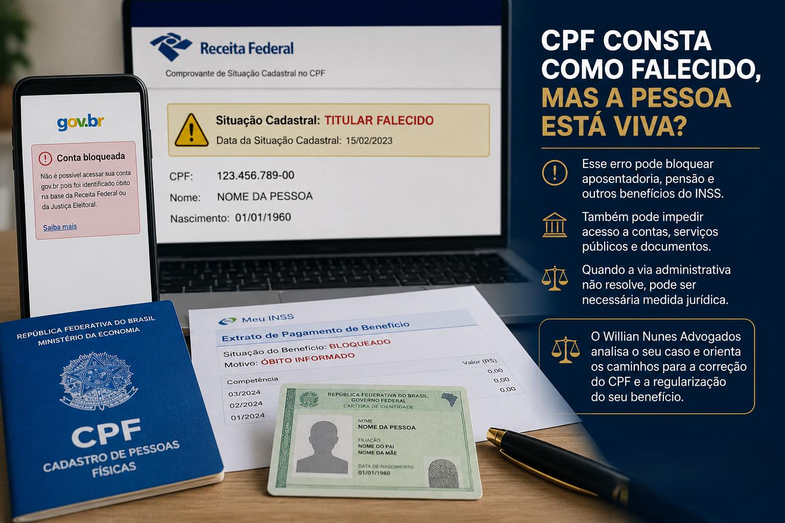 Pessoa viva com CPF constando como falecido + aposentadoriabenefício do INSS bloqueado